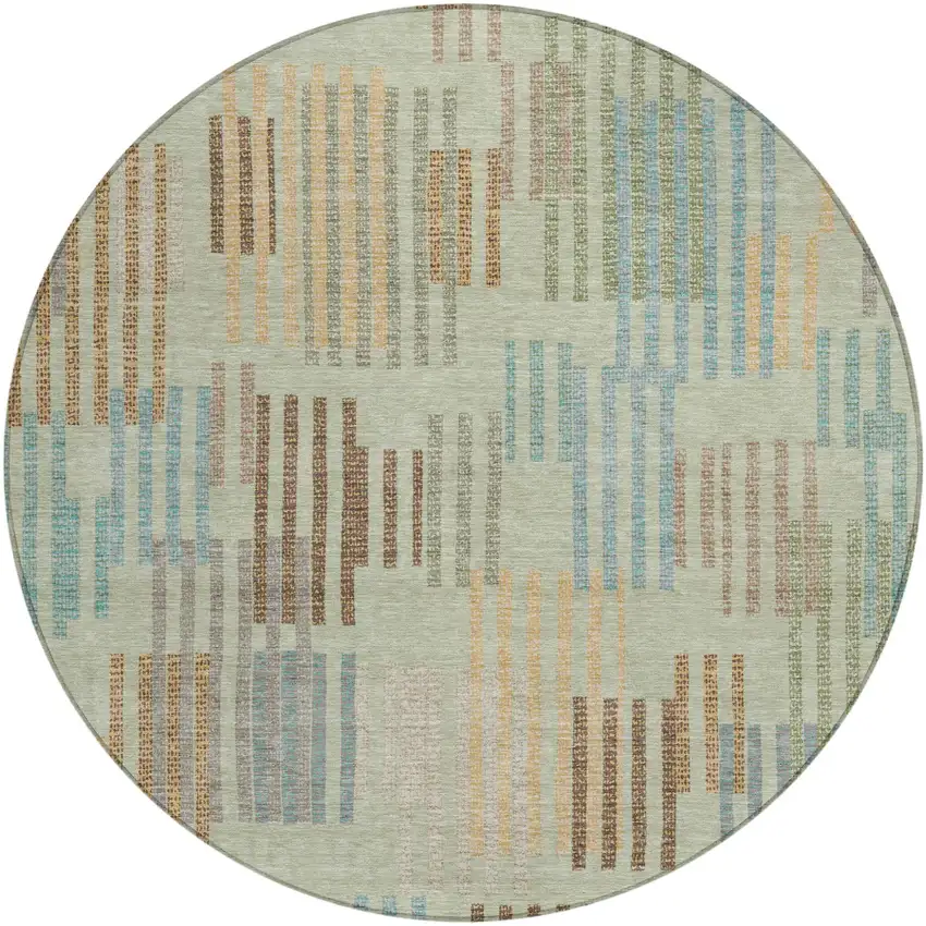 8' Green And Copper Round Striped Washable Indoor Outdoor Area Rug Photo 1