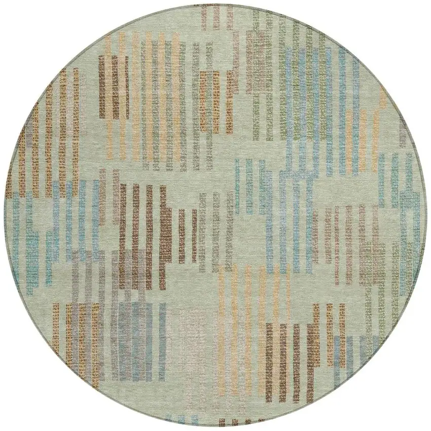 8' Green And Copper Round Striped Washable Indoor Outdoor Area Rug Photo 3