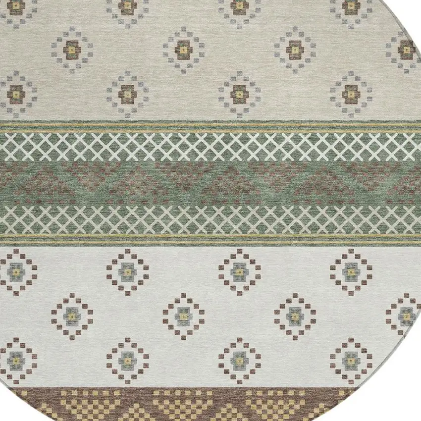8' Green And Copper Round Striped Washable Indoor Outdoor Area Rug Photo 4