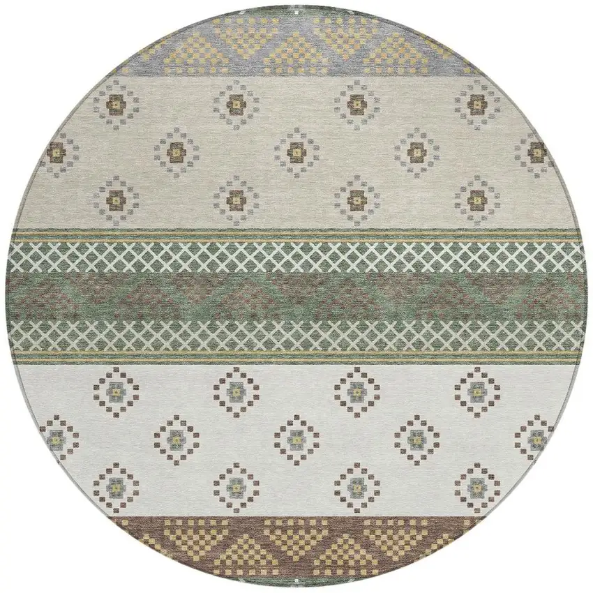 8' Green And Copper Round Striped Washable Indoor Outdoor Area Rug Photo 3