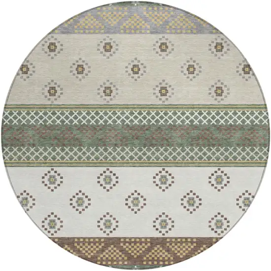 8' Green And Copper Round Striped Washable Indoor Outdoor Area Rug Photo 2