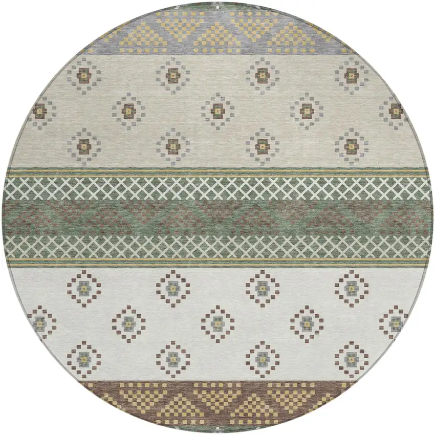 8' Green And Copper Round Striped Washable Indoor Outdoor Area Rug Photo 2