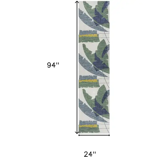 8' Green And Cream Abstract Indoor Outdoor Runner Rug Photo 9