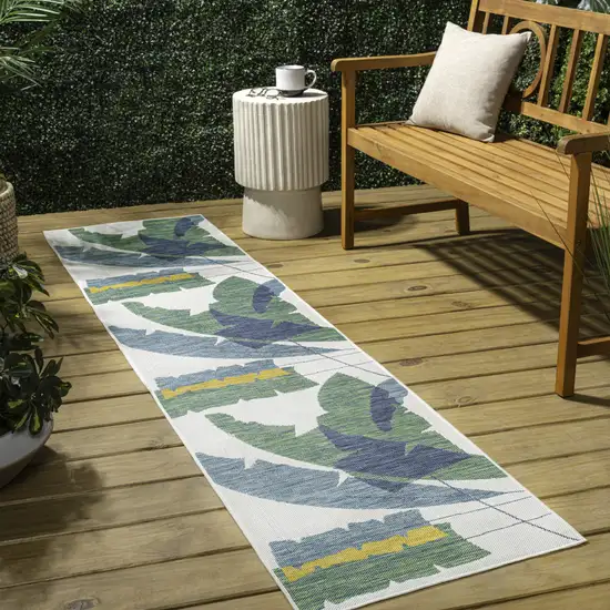 8' Green And Cream Abstract Indoor Outdoor Runner Rug Photo 5