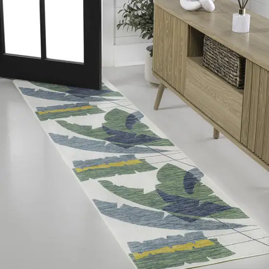 8' Green And Cream Abstract Indoor Outdoor Runner Rug Photo 4