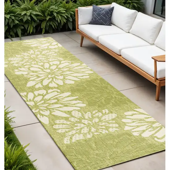 10' Green And Cream Floral Indoor Outdoor Runner Rug Photo 1