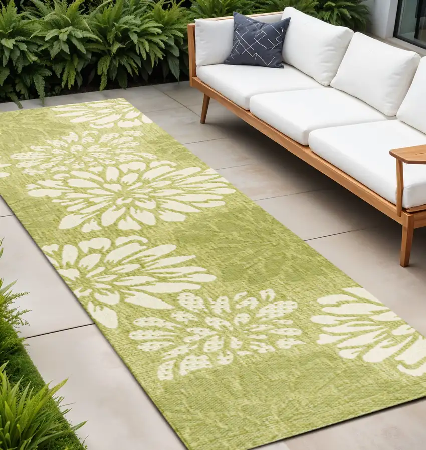 10' Green And Cream Floral Indoor Outdoor Runner Rug Photo 1