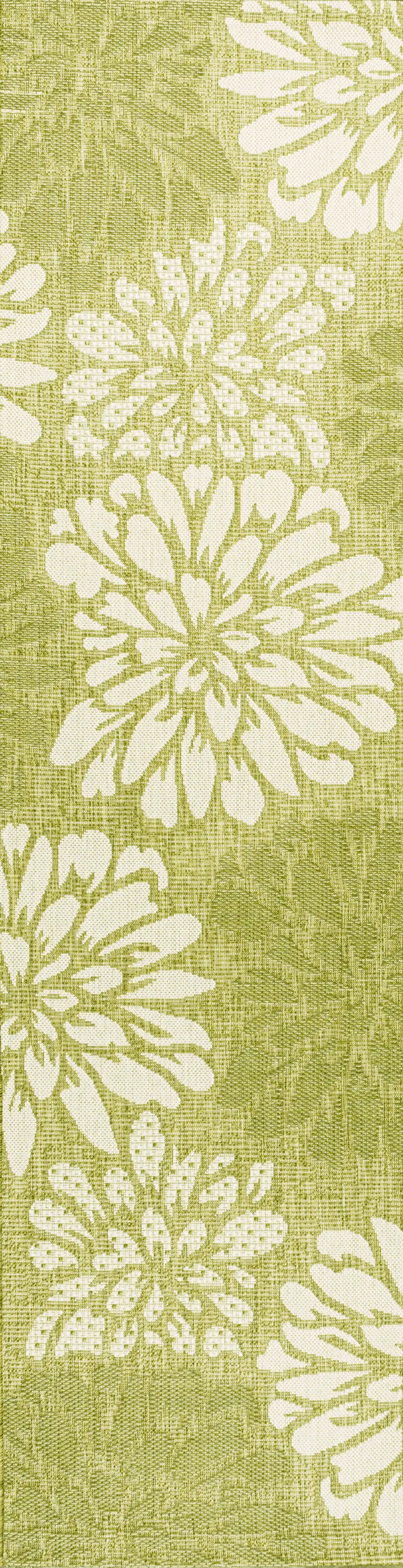 10' Green And Cream Floral Indoor Outdoor Runner Rug Photo 1