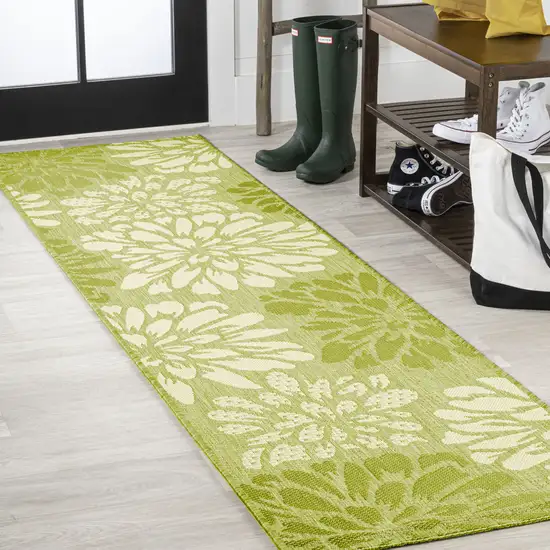 10' Green And Cream Floral Indoor Outdoor Runner Rug Photo 4