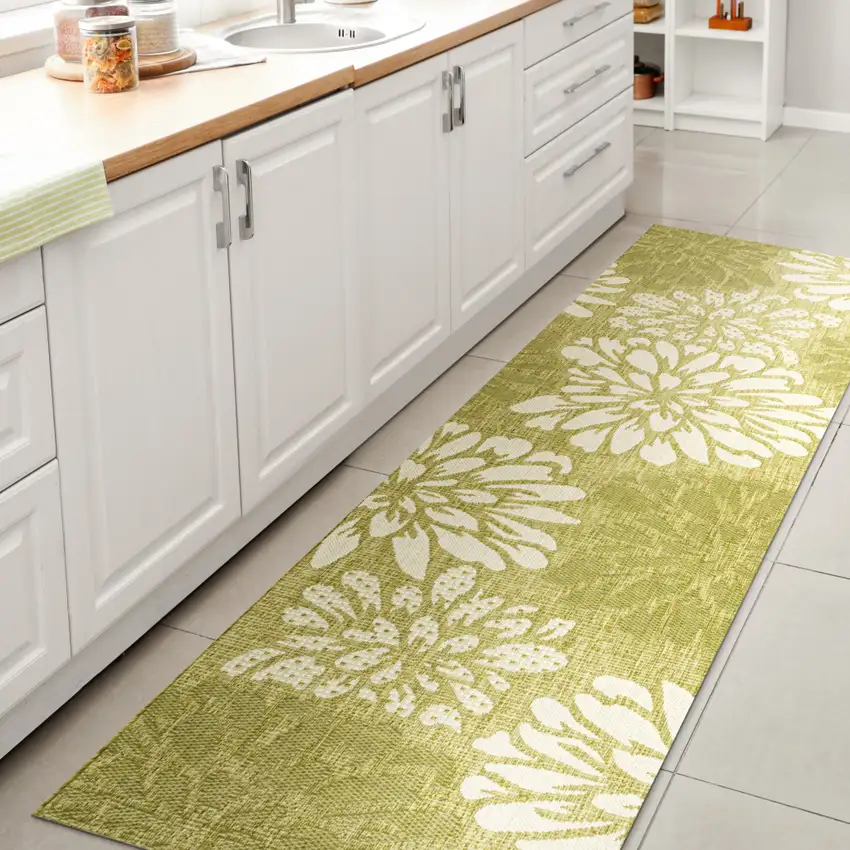 10' Green And Cream Floral Indoor Outdoor Runner Rug Photo 6