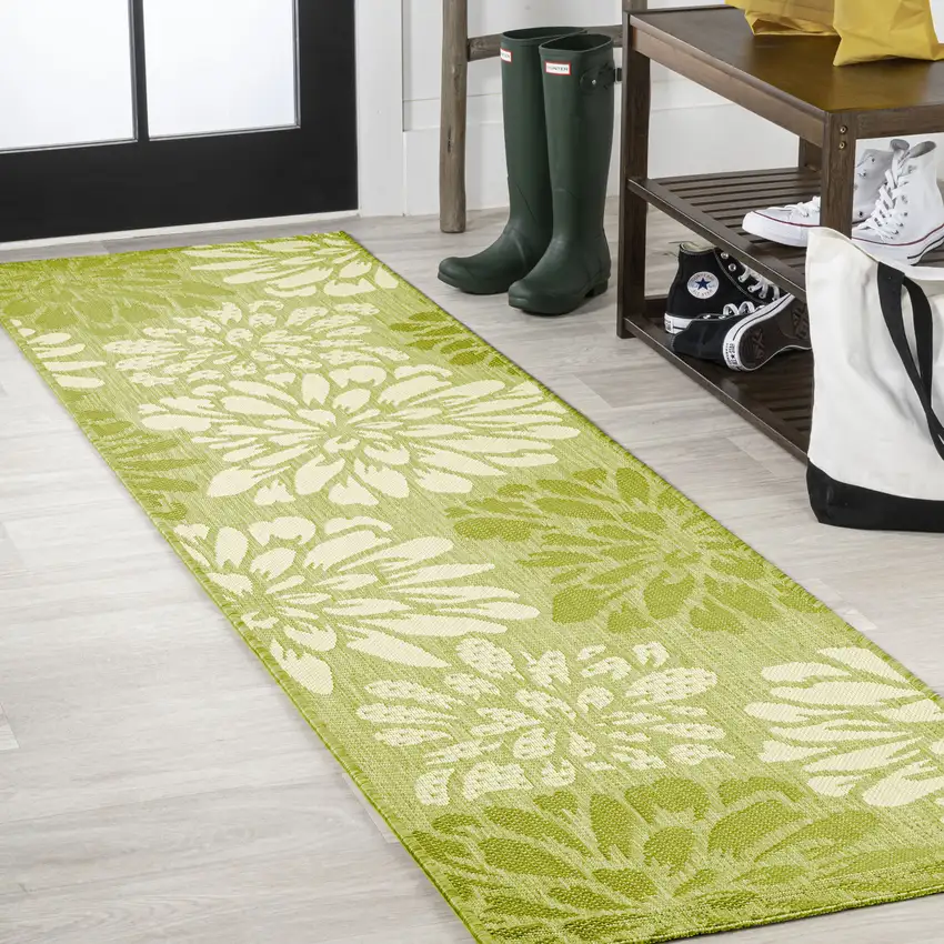 10' Green And Cream Floral Indoor Outdoor Runner Rug Photo 4