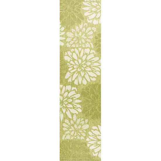 8' Green And Cream Floral Indoor Outdoor Runner Rug Photo 1