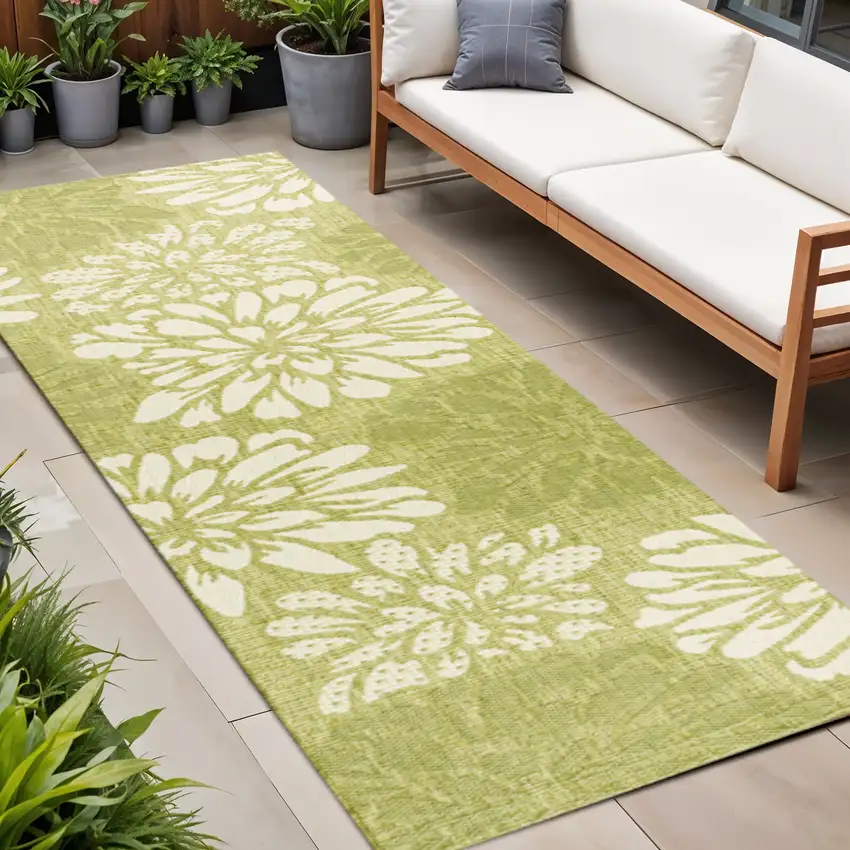 8' Green And Cream Floral Indoor Outdoor Runner Rug Photo 1