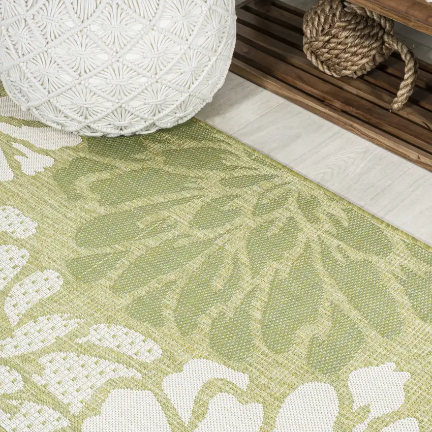 8' Green And Cream Floral Indoor Outdoor Runner Rug Photo 8