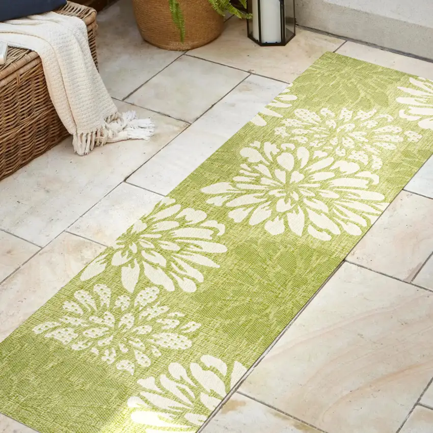 8' Green And Cream Floral Indoor Outdoor Runner Rug Photo 5