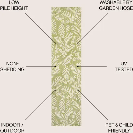 10' Green And Cream Floral Indoor Outdoor Runner Rug Photo 9