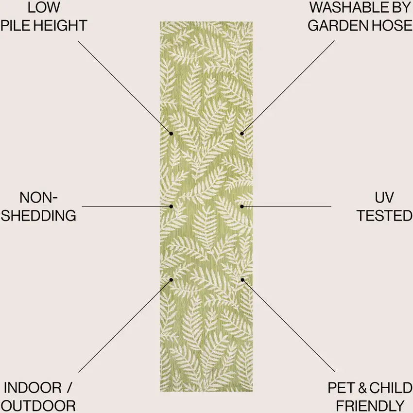 10' Green And Cream Floral Indoor Outdoor Runner Rug Photo 9