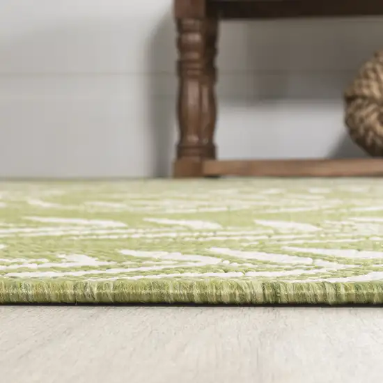10' Green And Cream Floral Indoor Outdoor Runner Rug Photo 6