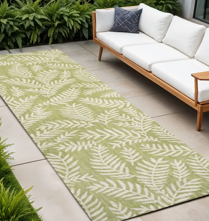 10' Green And Cream Floral Indoor Outdoor Runner Rug Photo 1