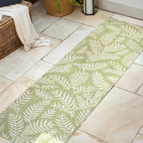 10' Green And Cream Floral Indoor Outdoor Runner Rug Photo 5