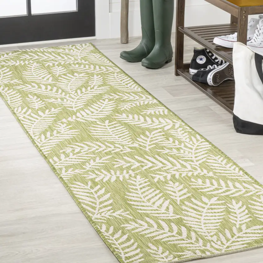 8' Green And Cream Floral Indoor Outdoor Runner Rug Photo 4