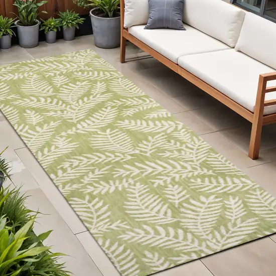 8' Green And Cream Floral Indoor Outdoor Runner Rug Photo 1