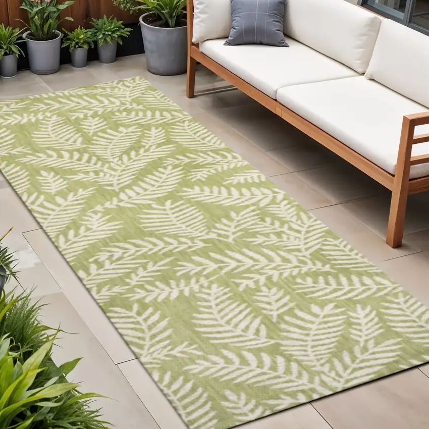 8' Green And Cream Floral Indoor Outdoor Runner Rug Photo 1