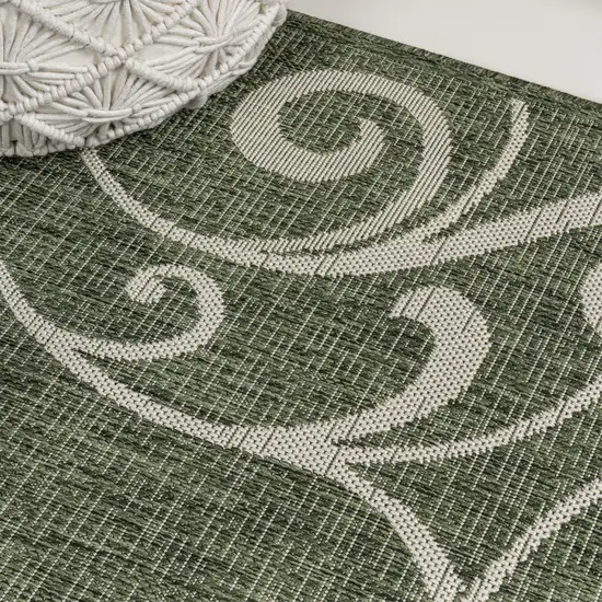 8' Green And Cream Floral Indoor Outdoor Runner Rug Photo 7