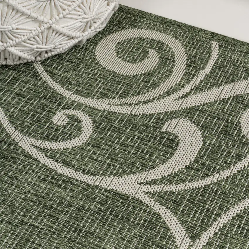 8' Green And Cream Floral Indoor Outdoor Runner Rug Photo 7