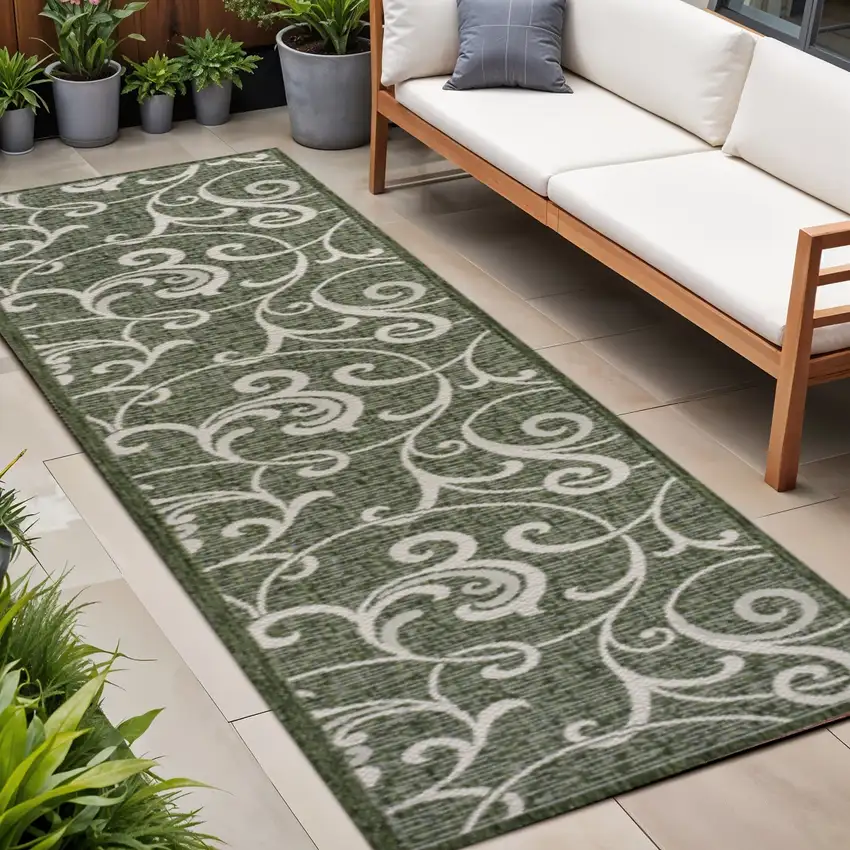 8' Green And Cream Floral Indoor Outdoor Runner Rug Photo 1