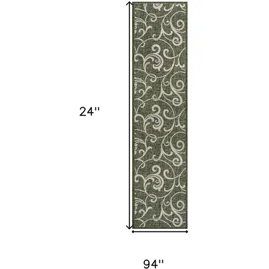8' Green And Cream Floral Indoor Outdoor Runner Rug Photo 9