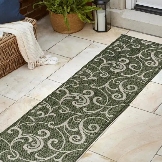 8' Green And Cream Floral Indoor Outdoor Runner Rug Photo 6