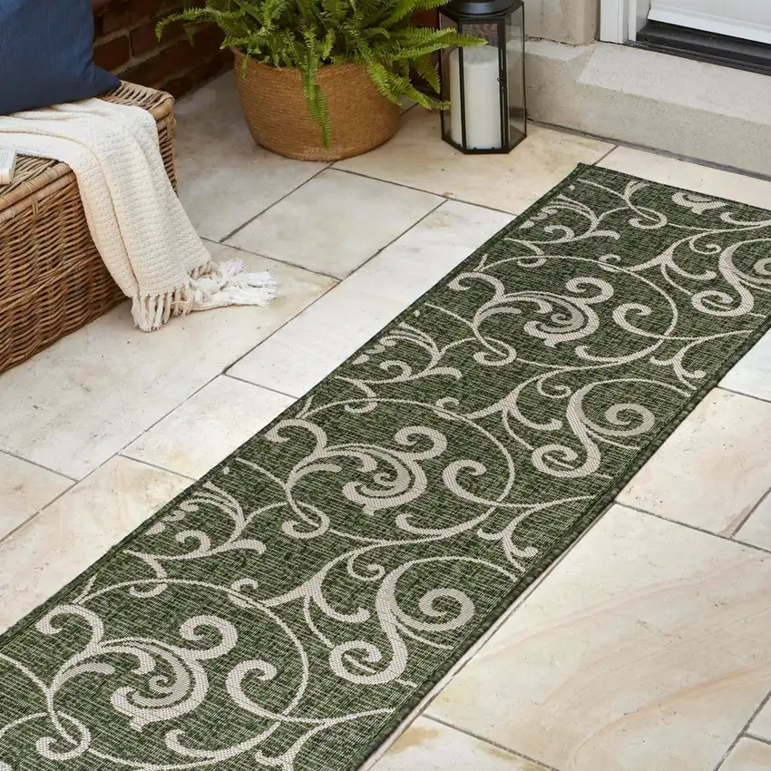 8' Green And Cream Floral Indoor Outdoor Runner Rug Photo 6