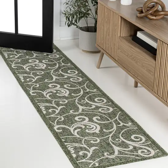 8' Green And Cream Floral Indoor Outdoor Runner Rug Photo 4