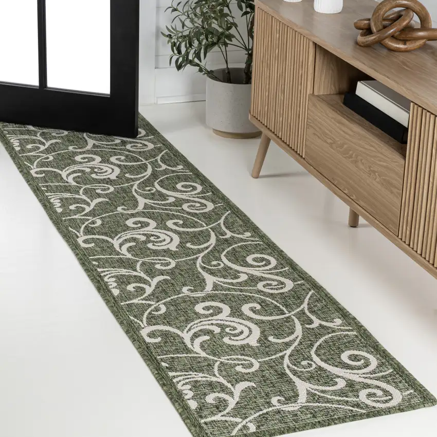 8' Green And Cream Floral Indoor Outdoor Runner Rug Photo 4
