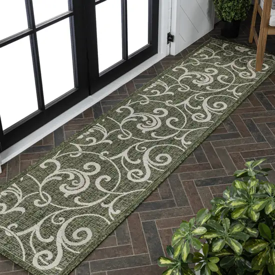 8' Green And Cream Floral Indoor Outdoor Runner Rug Photo 5