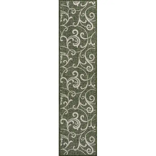 8' Green And Cream Floral Indoor Outdoor Runner Rug Photo 8