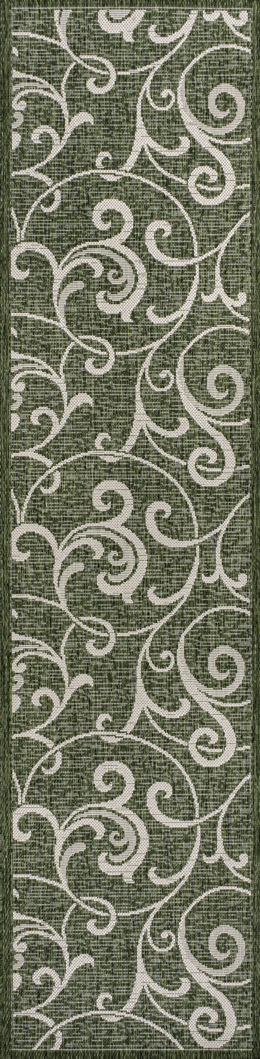 8' Green And Cream Floral Indoor Outdoor Runner Rug Photo 8