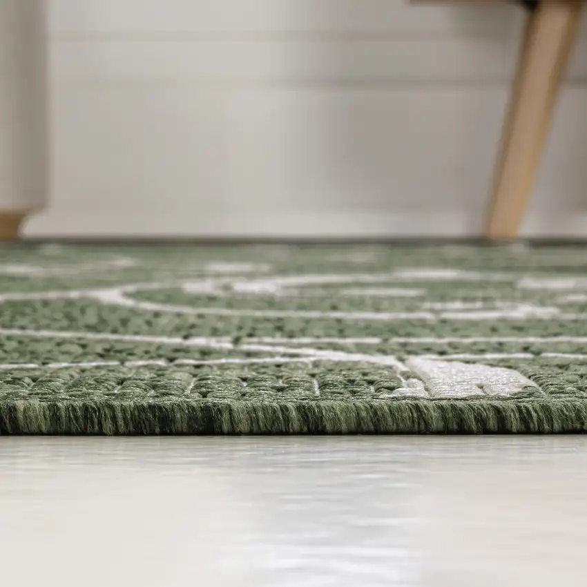 8' Green And Cream Floral Indoor Outdoor Runner Rug Photo 9