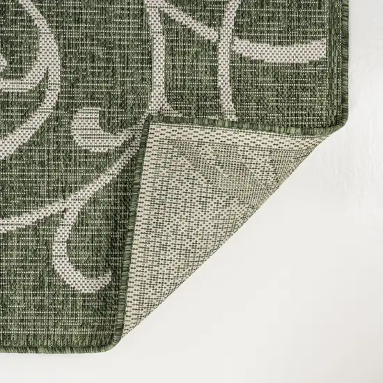8' Green And Cream Floral Indoor Outdoor Runner Rug Photo 3