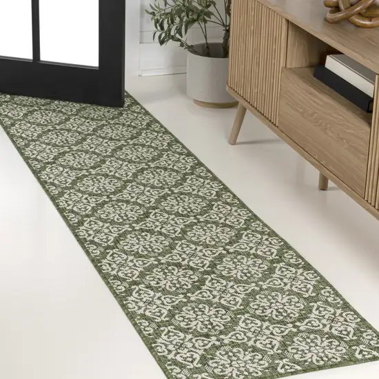 8' Green And Cream Floral Indoor Outdoor Runner Rug Photo 3