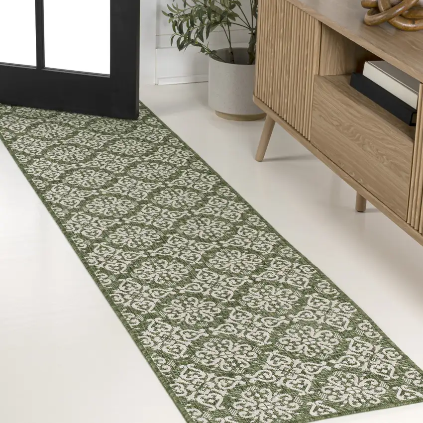 8' Green And Cream Floral Indoor Outdoor Runner Rug Photo 3