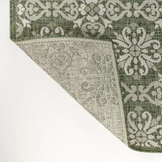 8' Green And Cream Floral Indoor Outdoor Runner Rug Photo 2