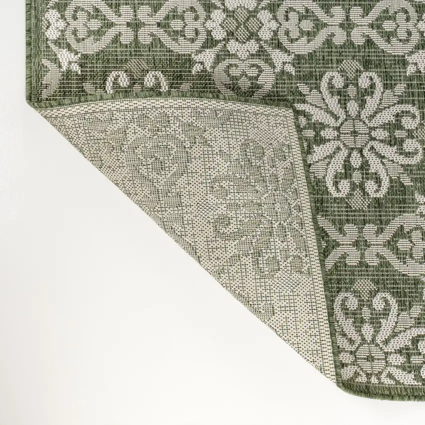 8' Green And Cream Floral Indoor Outdoor Runner Rug Photo 2