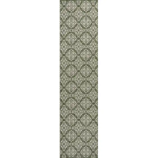 8' Green And Cream Floral Indoor Outdoor Runner Rug Photo 9