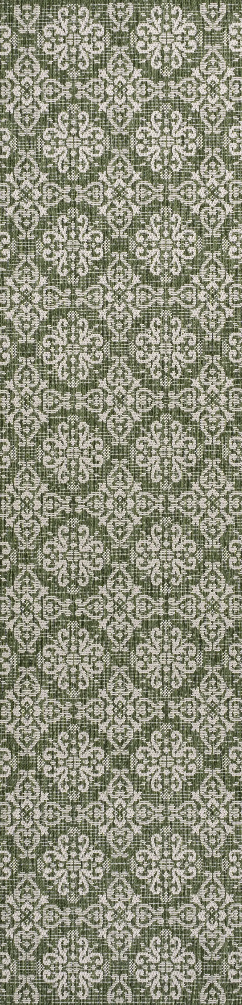8' Green And Cream Floral Indoor Outdoor Runner Rug Photo 9