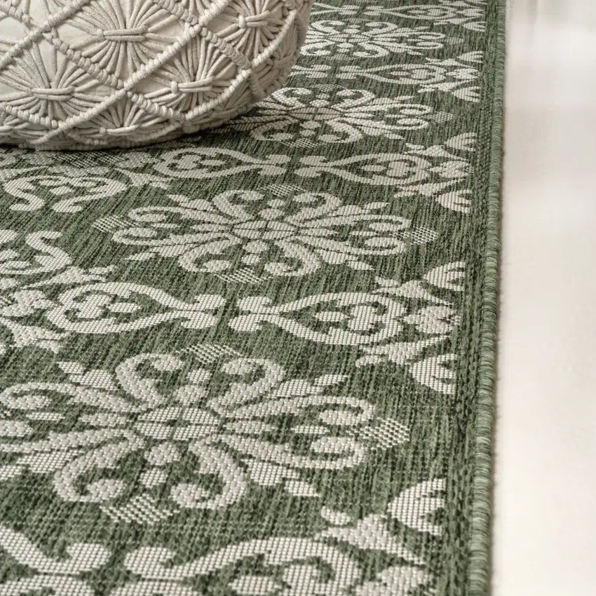 8' Green And Cream Floral Indoor Outdoor Runner Rug Photo 9
