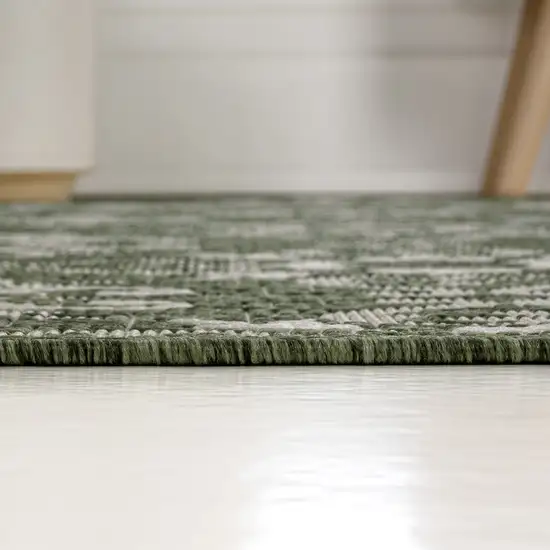 8' Green And Cream Floral Indoor Outdoor Runner Rug Photo 7