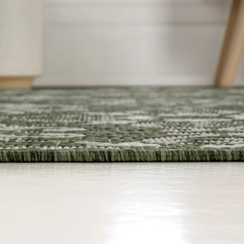 8' Green And Cream Floral Indoor Outdoor Runner Rug Photo 7