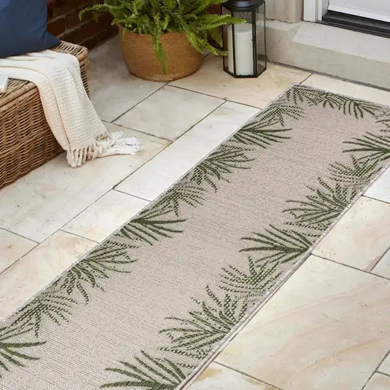 8' Green And Cream Floral Indoor Outdoor Runner Rug Photo 6